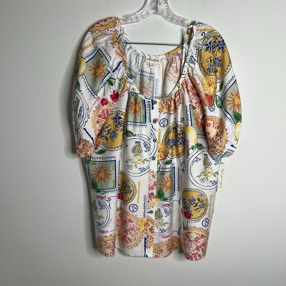 Kate and Lily Button Down Top Womens 3X Floral Garden Artsy Cottagecore New